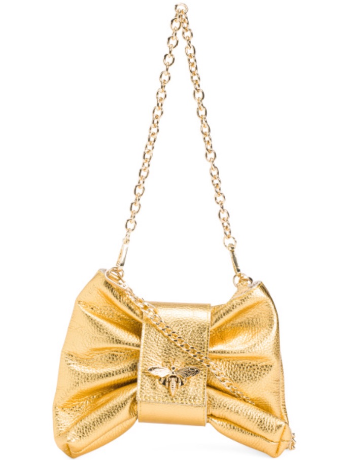 Persaman New Yor Gold Leather Bow-Accent Chain Clutch